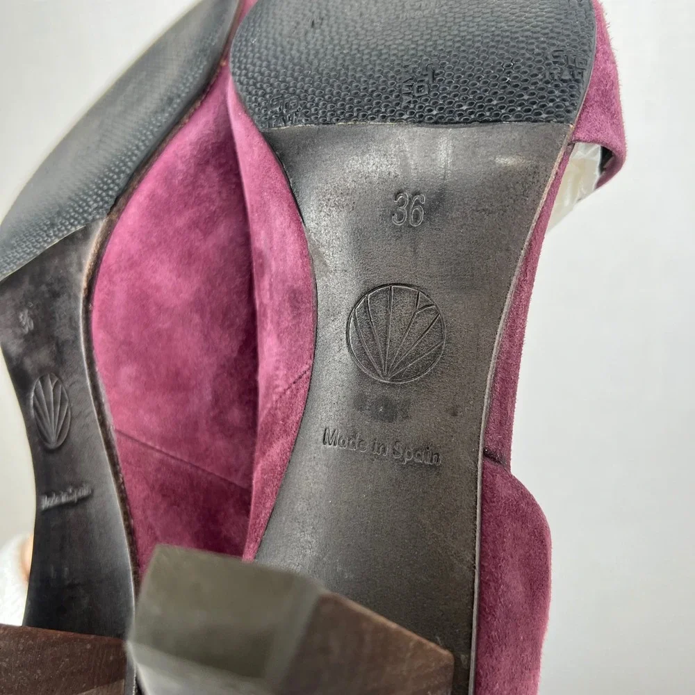 COCLICO Women's Burgundy Suede‎ D'Orsay Pointed Toe Block Heel Shoes Size 36